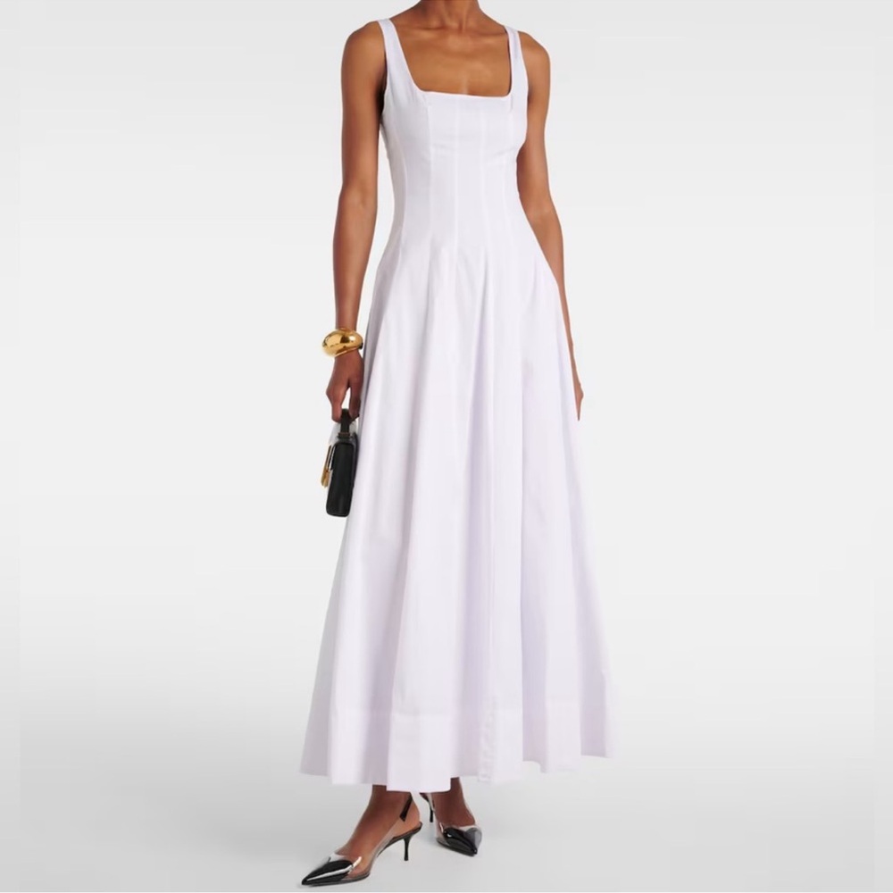 STAUD White Midi Square-Neck Fit-and-Flare Dress